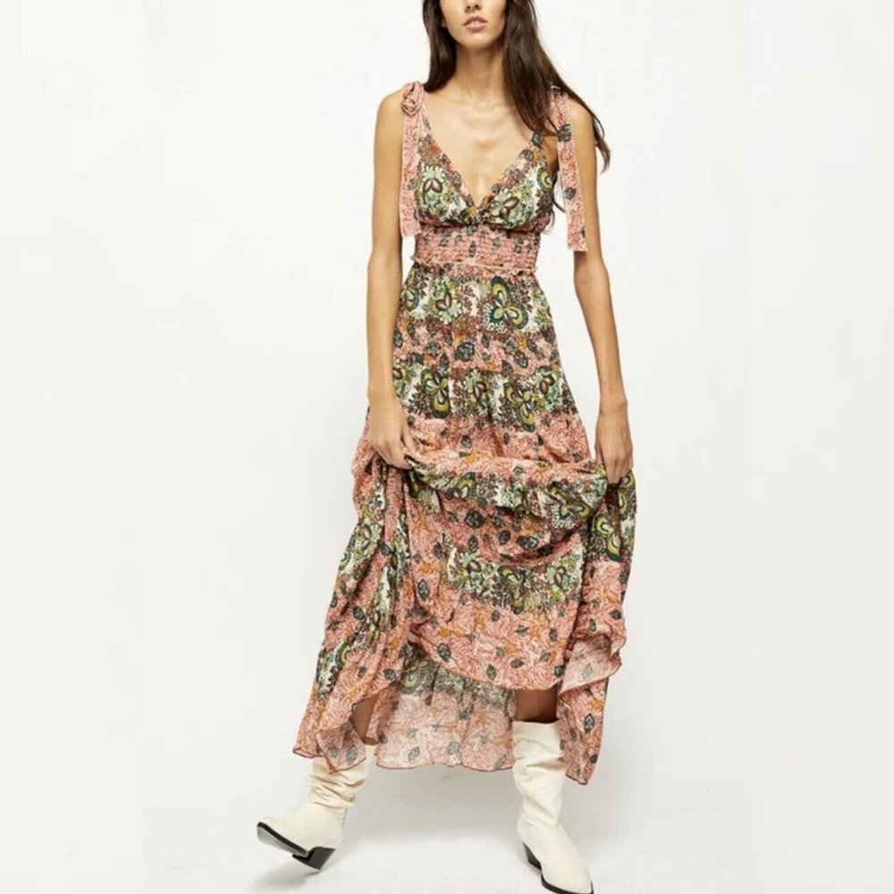Free People Size Large Let's Smock About It Maxi Slip Dress Paisley Print